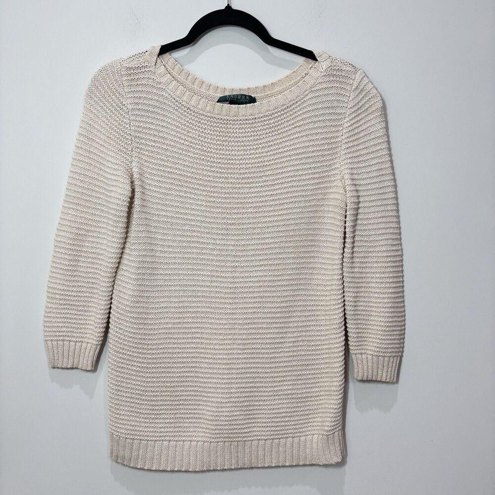 Vintage Ralph Lauren Sweater Waffle Knit 100% Cotton Women M Beige Quiet Luxury